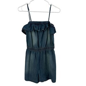 VTG Mossimo Y2K Denim Romper Womens Size M‎ Blue Ruffled Festival Retro Western